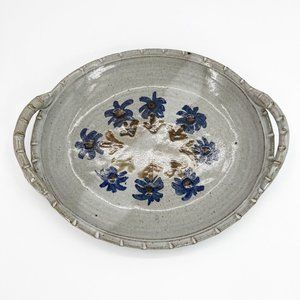 Pottery Hand Thrown Large Oval Floral Serving Platter with Handles
